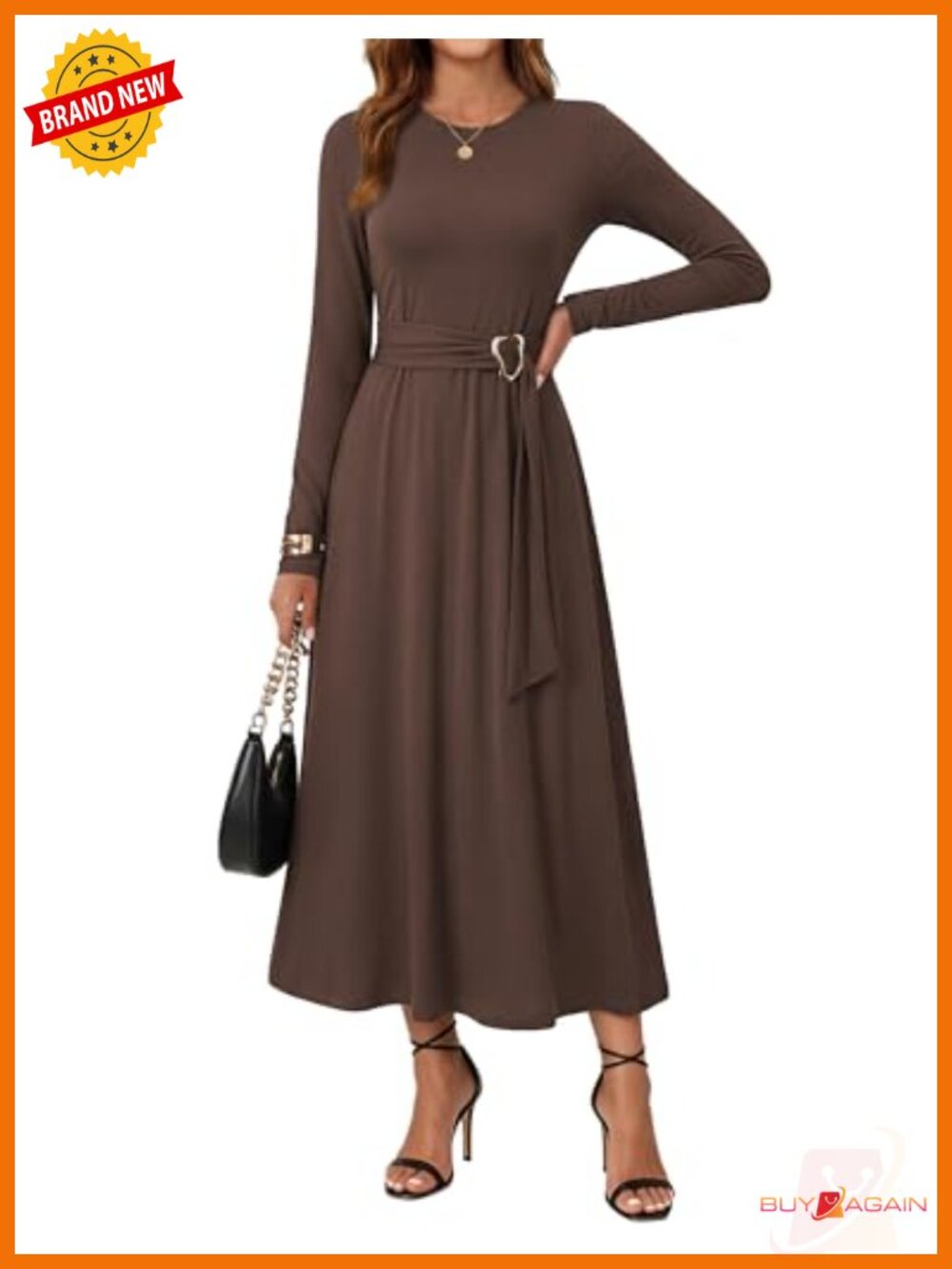 Women's Long Sleeve A-Line Midi Dress Belted Knit Office Casual